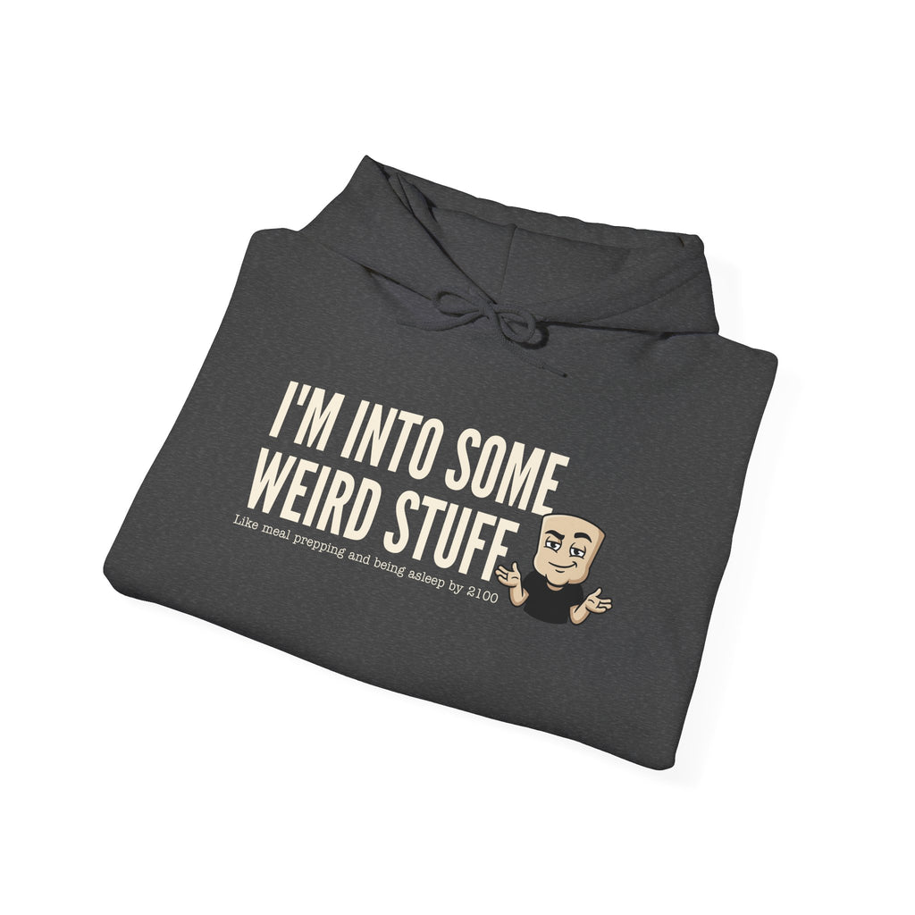 Dark gray hoodie sweatshirt with front graphic text and small cartoon face