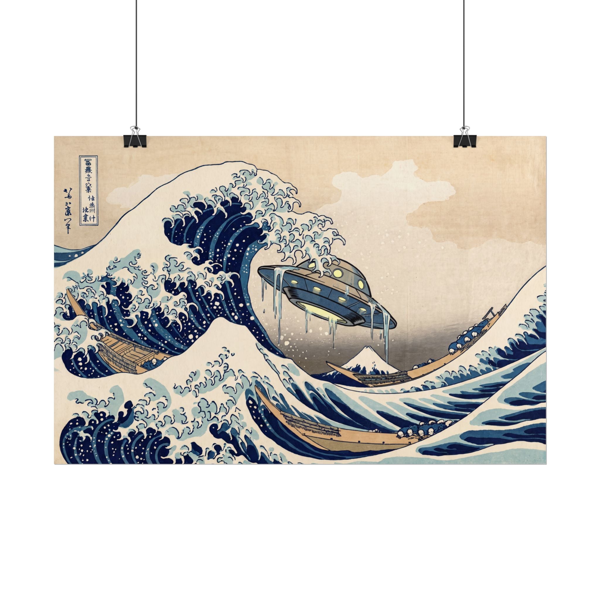 Rolled vintage wave art poster with UFO craft in blue ocean waves
