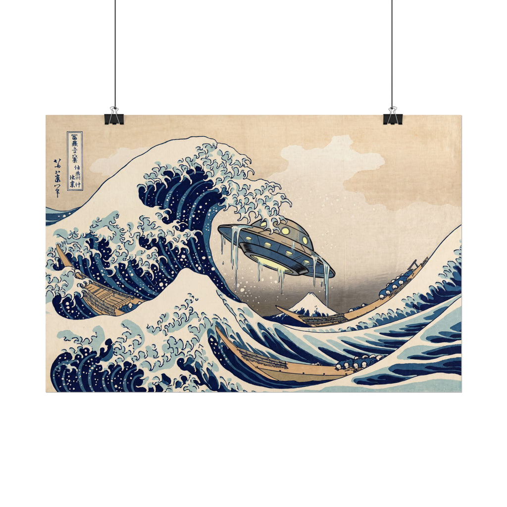 Vintage blue wave poster with UFO craft emerging from waves, hanging display
