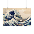 Vintage blue wave poster with UFO craft emerging from waves, hanging display