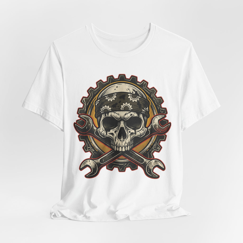 Weißes T-Shirt mit großem Biker-Schädel-Graphic, Helm und gekreuzten Schraubenschlüsseln