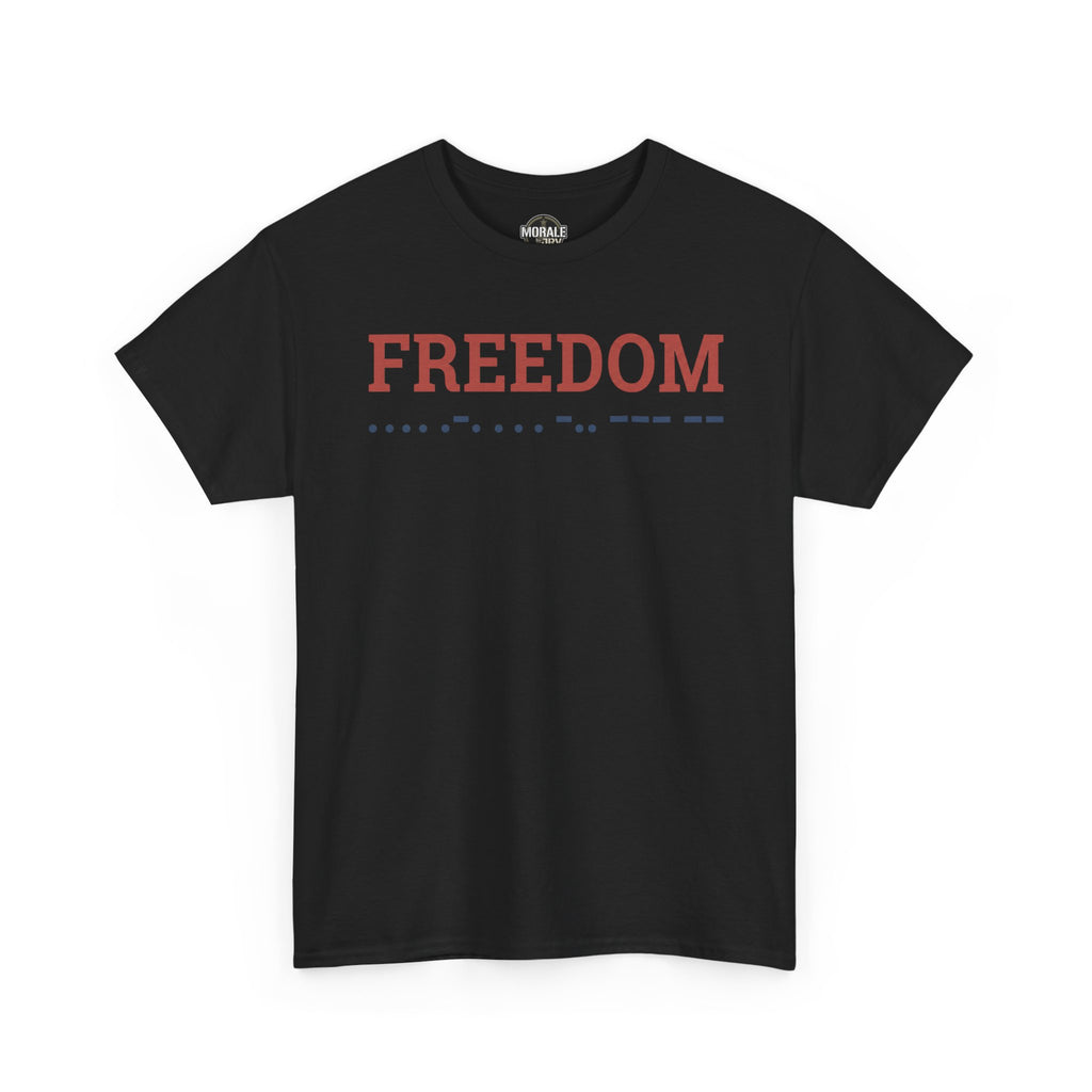 Black Freedom t-shirt with red “FREEDOM” text and blue dot line across chest