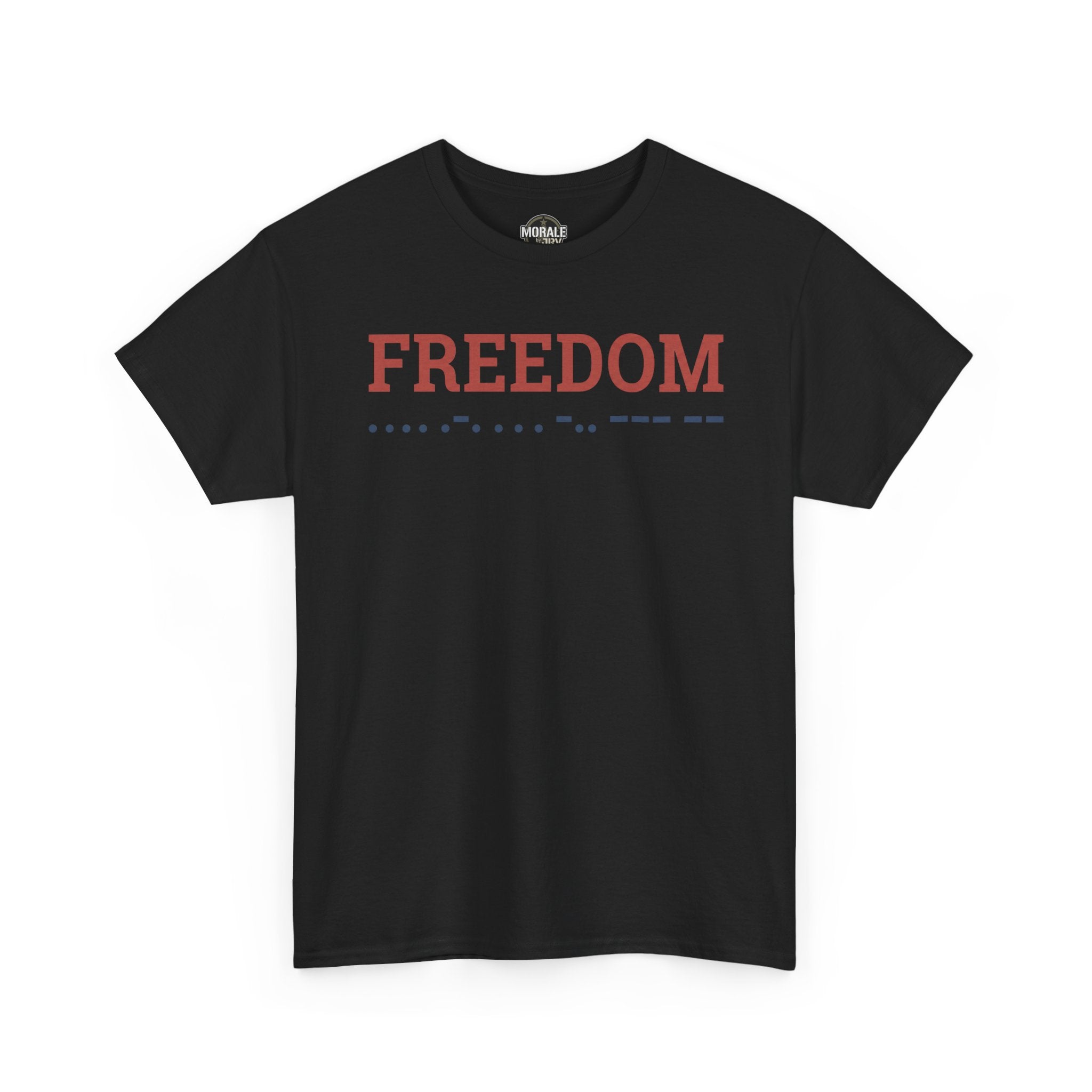 Black Freedom t-shirt with red “FREEDOM” text and blue dot line across chest