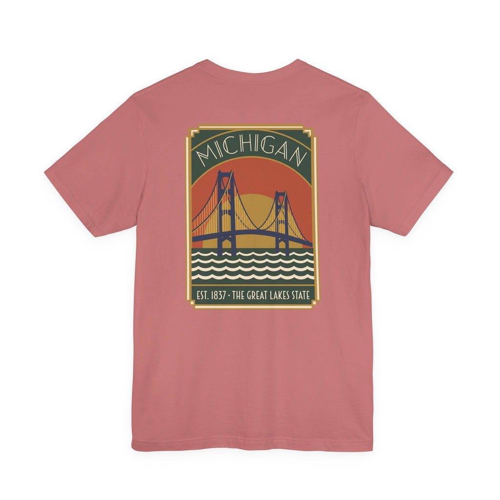 Dusty pink T-shirt with Michigan bridge art deco graphic and Est. 1837 print