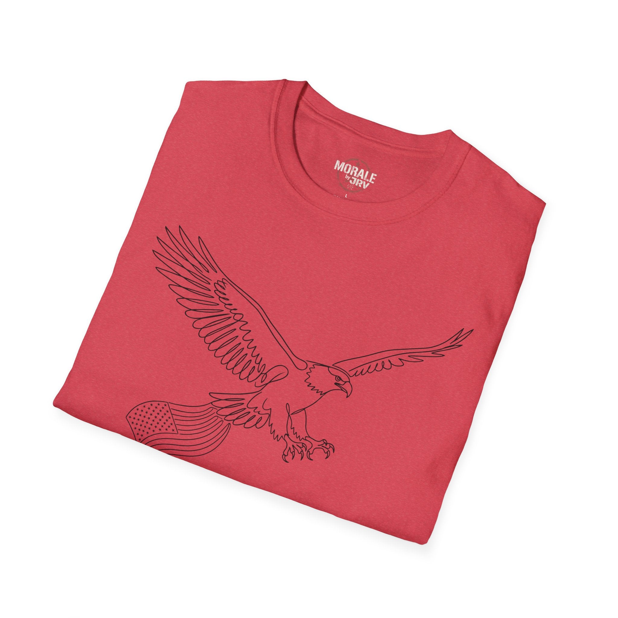 Heather Red T-shirt with soaring eagle line art, minimal outline and flag details