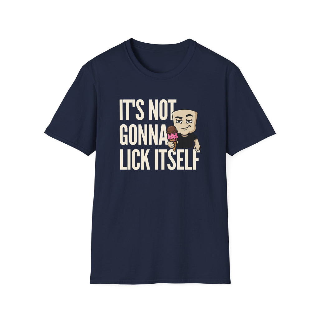 Dark navy graphic T-shirt with humorous text and cartoon character