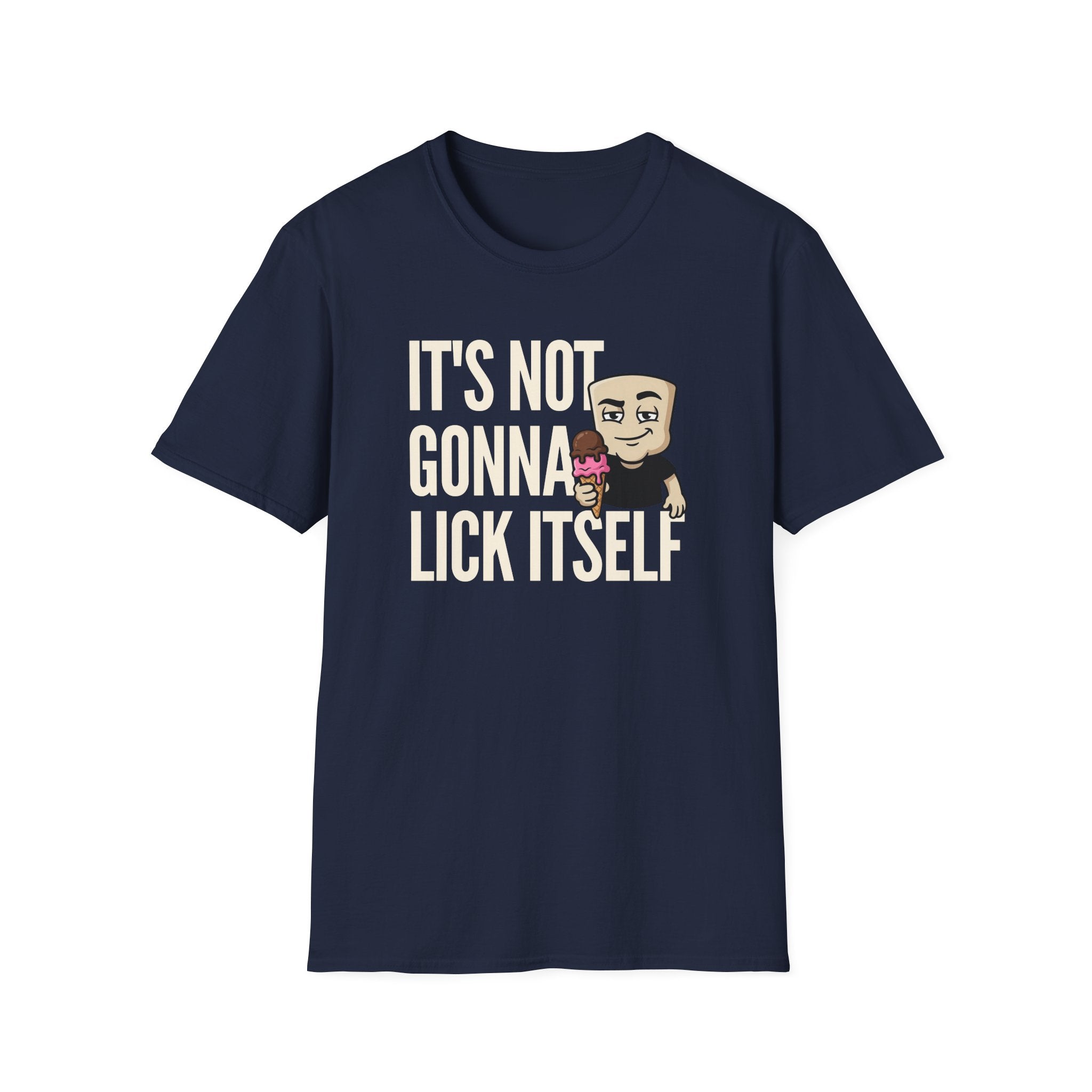 Dark navy graphic T-shirt with humorous text and cartoon character