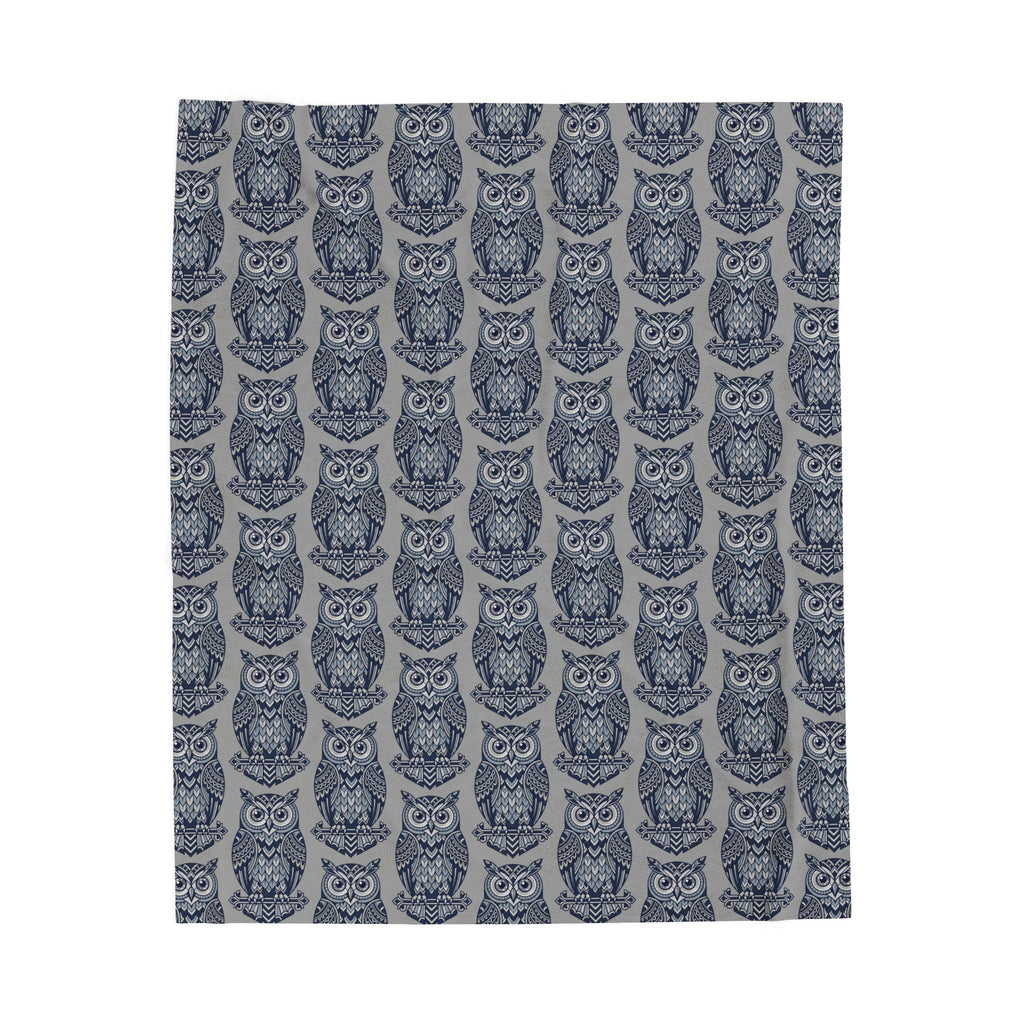 Blue repeating owl pattern plush blanket panel, full square view