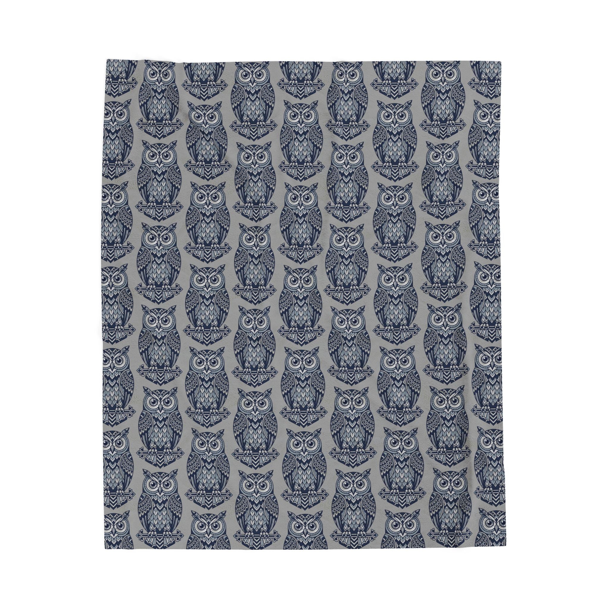 Blue repeating owl pattern plush blanket panel, full square view
