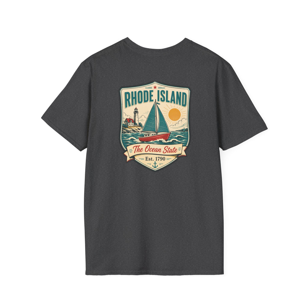 Sailboat graphic t-shirt, dark charcoal, with Rhode Island emblem front print