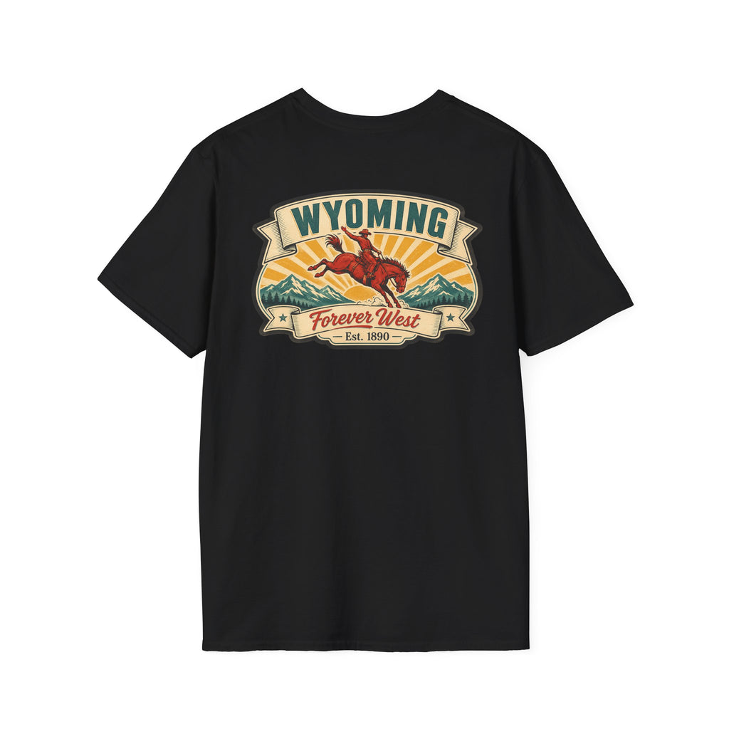 Black Wyoming graphic T-shirt with cowboy hat banner and landscape logo at chest