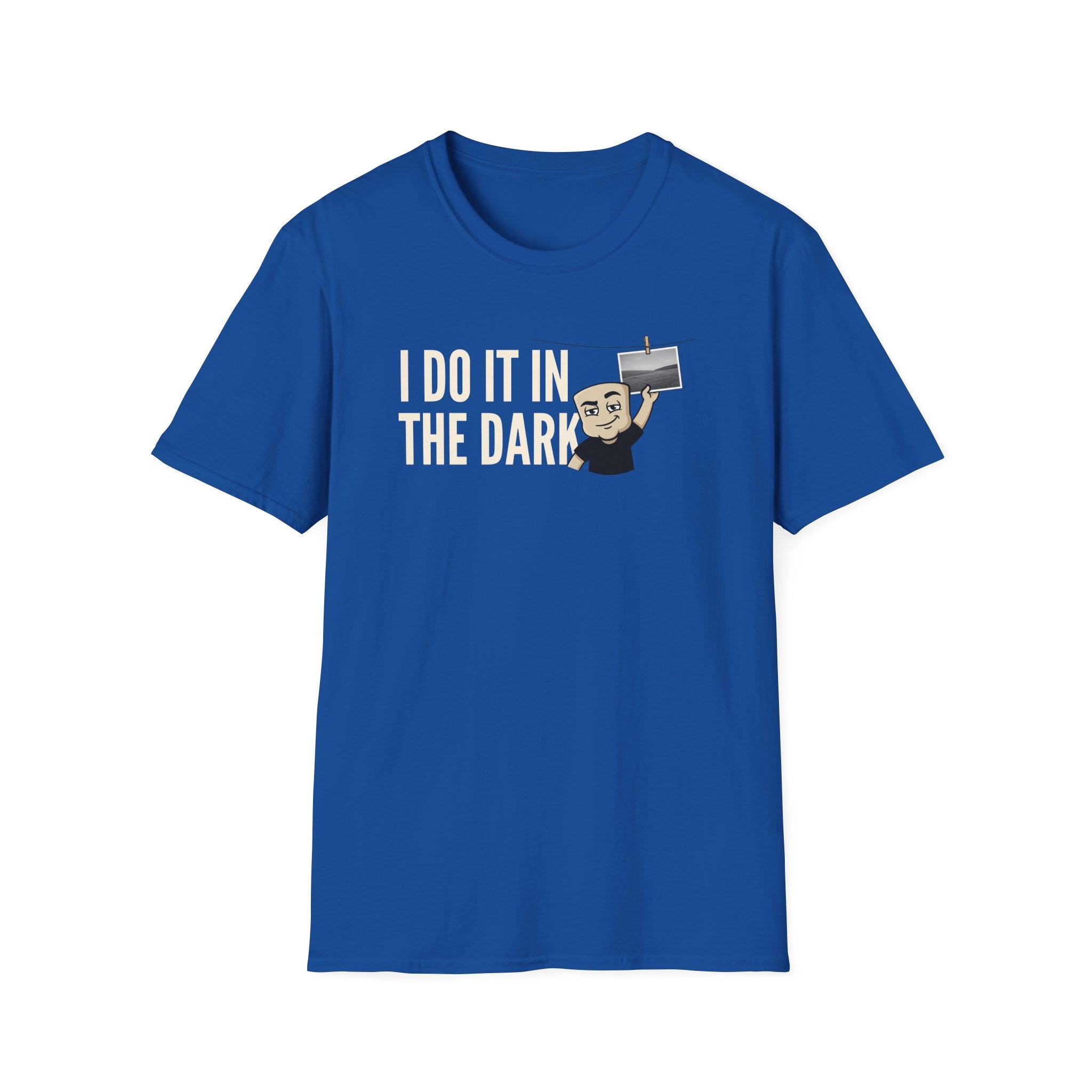 Royal blue T-shirt with “I DO IT IN THE DARK” camera graphic on chest