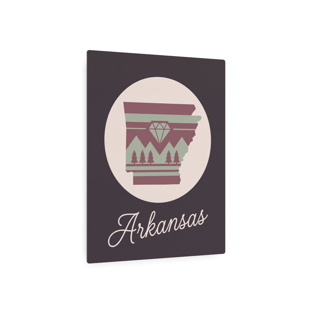 Close-up Arkansas silhouette metal wall art sign with mauve and sage emblem on dark purple square