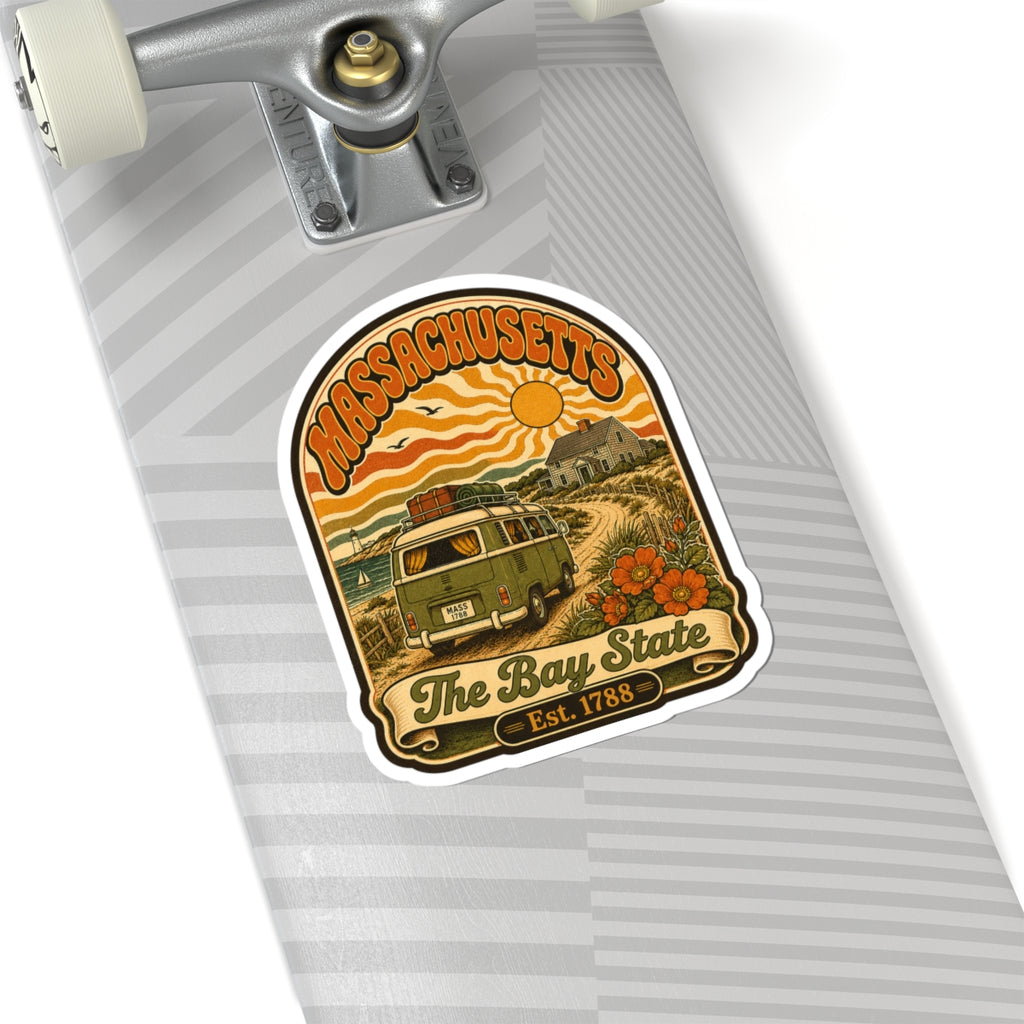 Kiss-cut Massachusetts sticker on metal surface, vintage van, flowers, and “The Bay State”