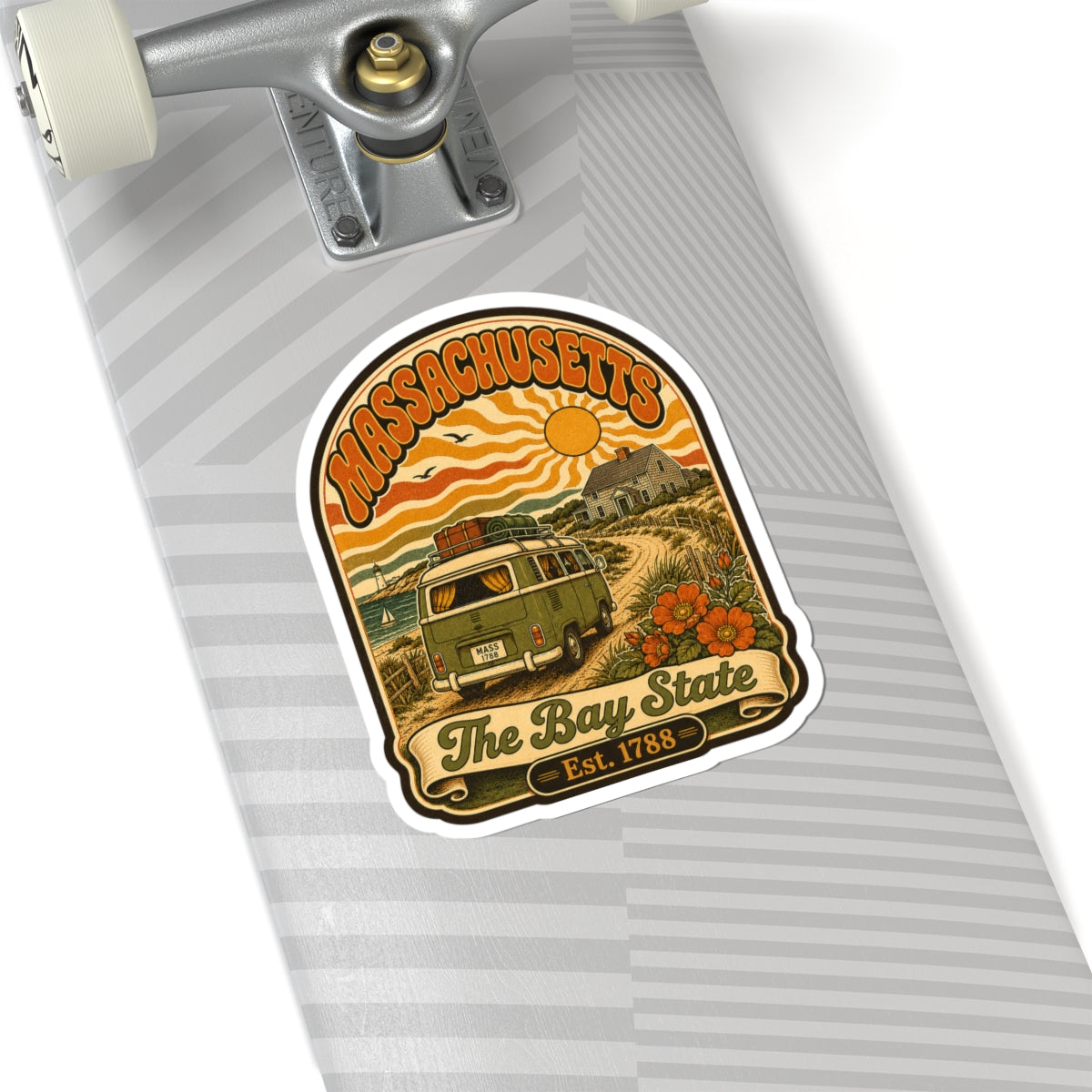 Kiss-cut Massachusetts sticker on metal surface, vintage van, flowers, and “The Bay State”