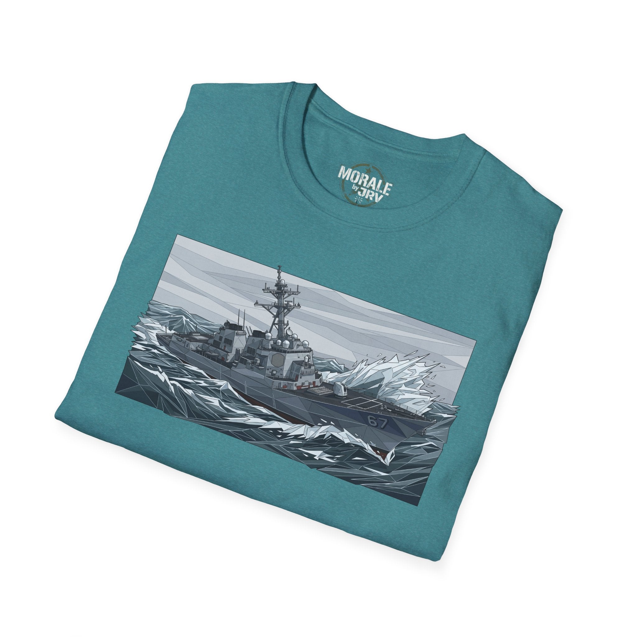 Teal T-shirt with battleship graphic print on front