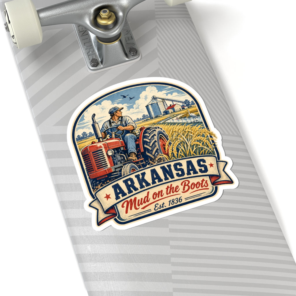 Kiss-cut sticker, tilted: illustrated red tractor and Arkansas “Mud on the Boots” ribbon
