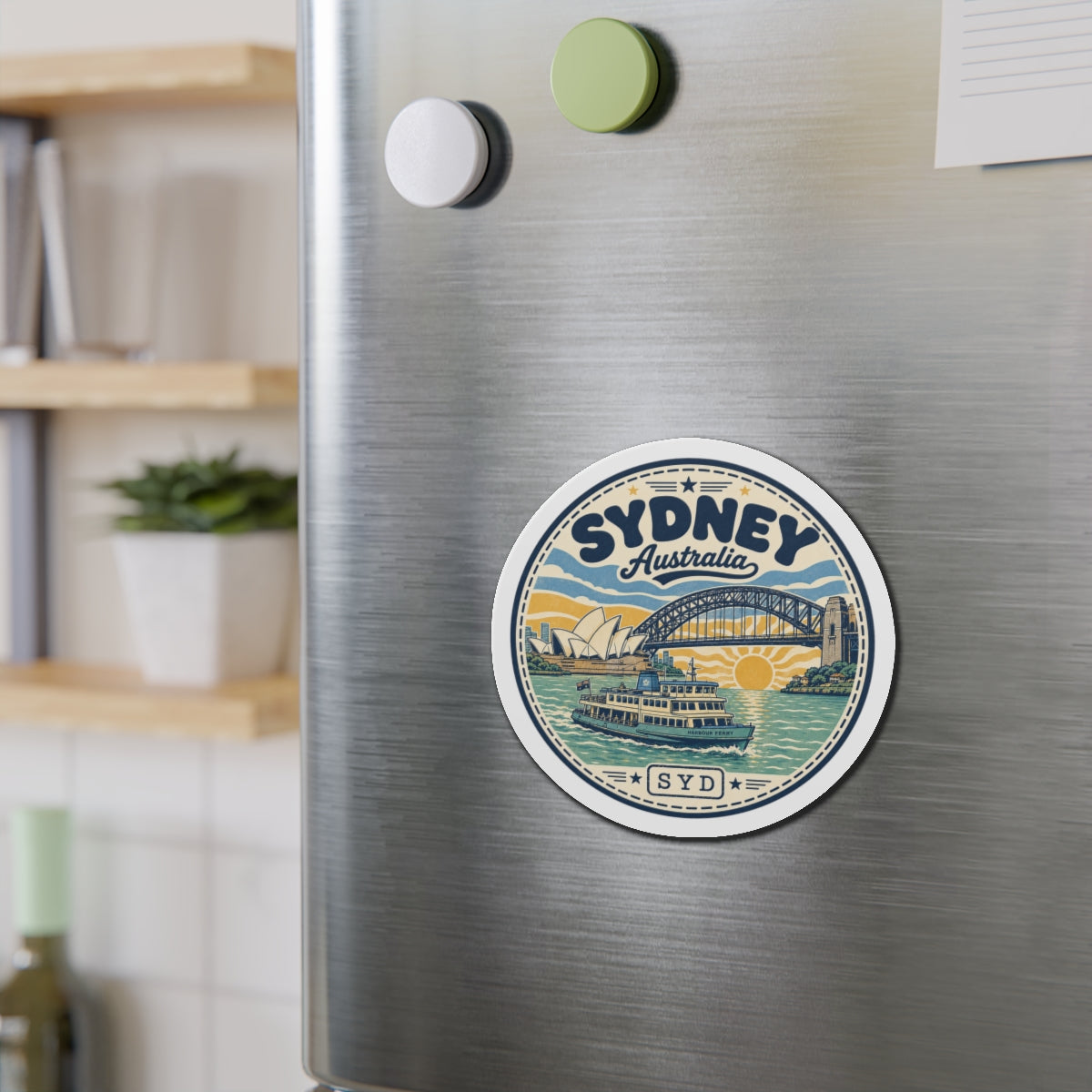 Round Sydney illustration die-cut magnet on brushed metal fridge, blue harbor scene