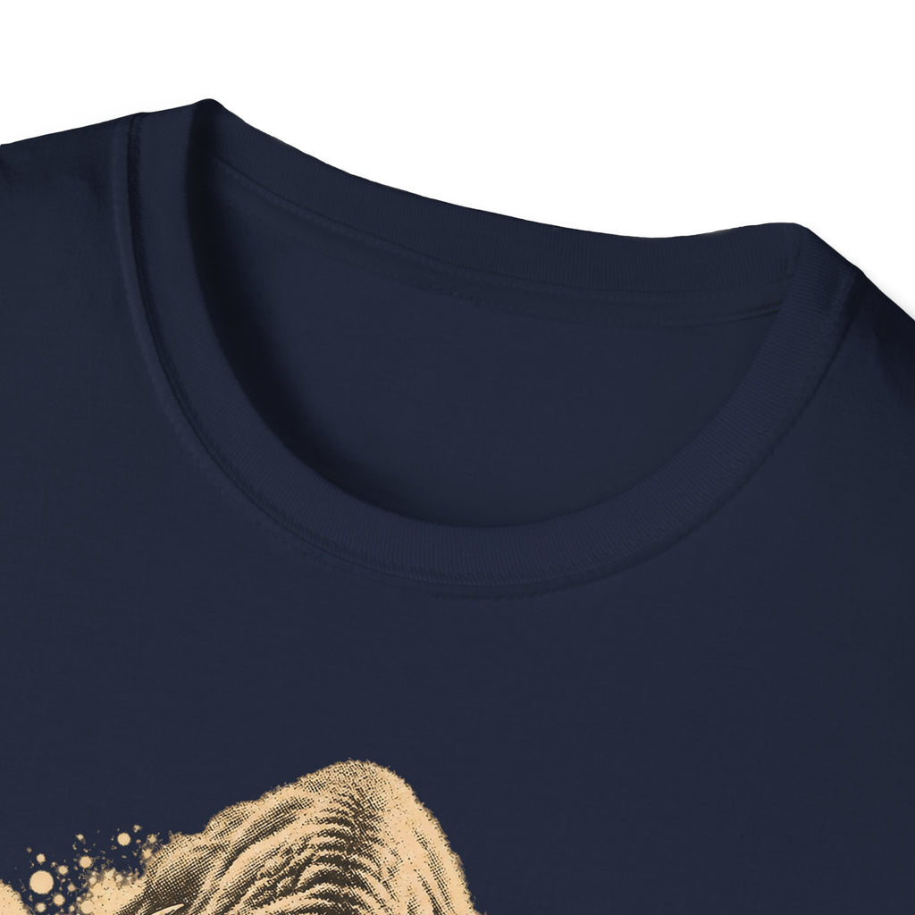 Navy crew-neck T-shirt neckline with partial tan bison graphic