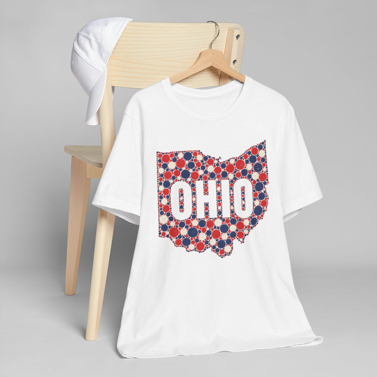 White crew-neck t-shirt with red white blue Ohio polka-dot graphic.