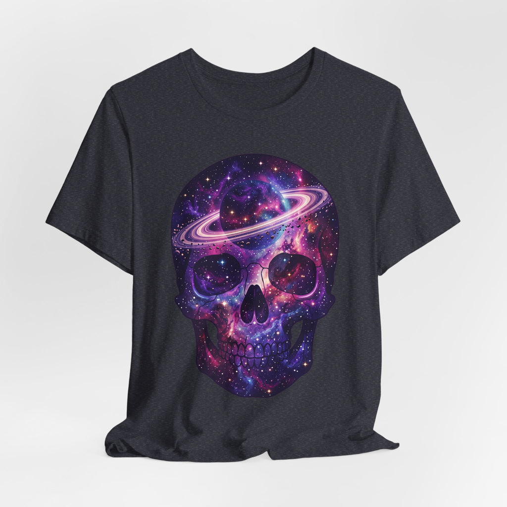 Galaxy skull T-shirt in dark charcoal heather, front purple cosmic skull graphic