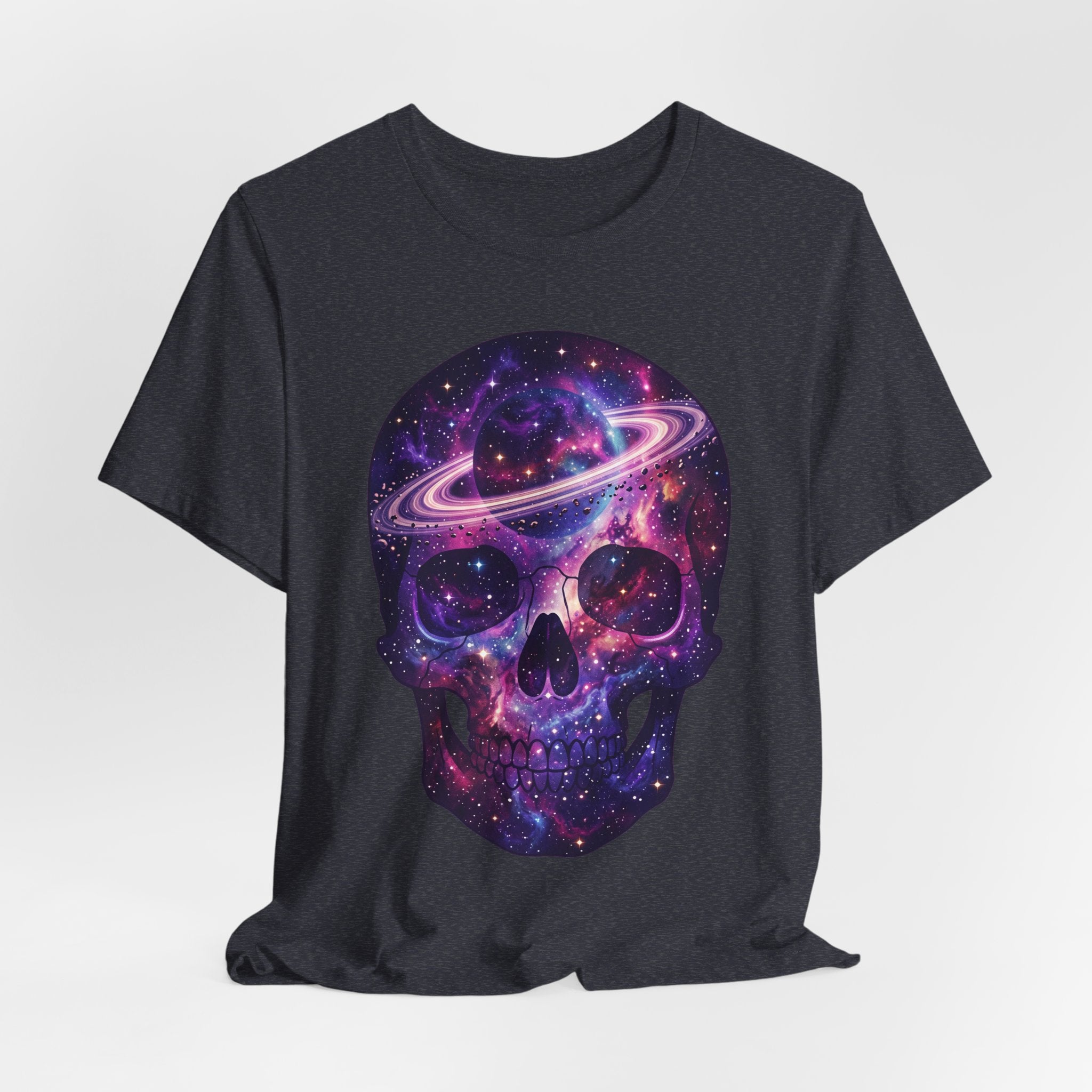 Galaxy skull T-shirt in dark charcoal heather, front purple cosmic skull graphic