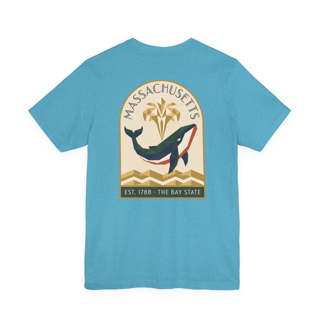 Light blue T-shirt with whale and Massachusetts emblem graphic