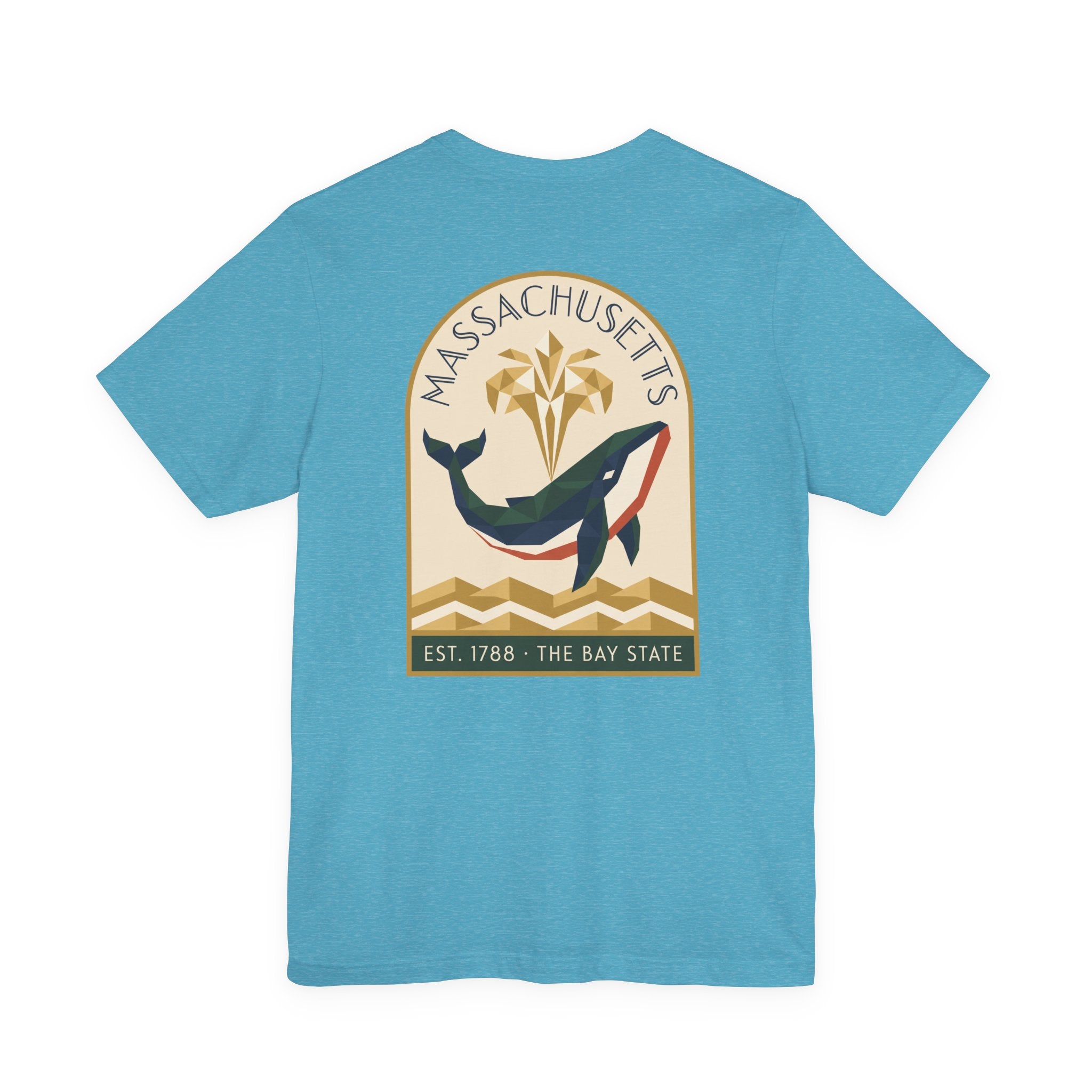 Light blue T-shirt with whale and Massachusetts emblem graphic