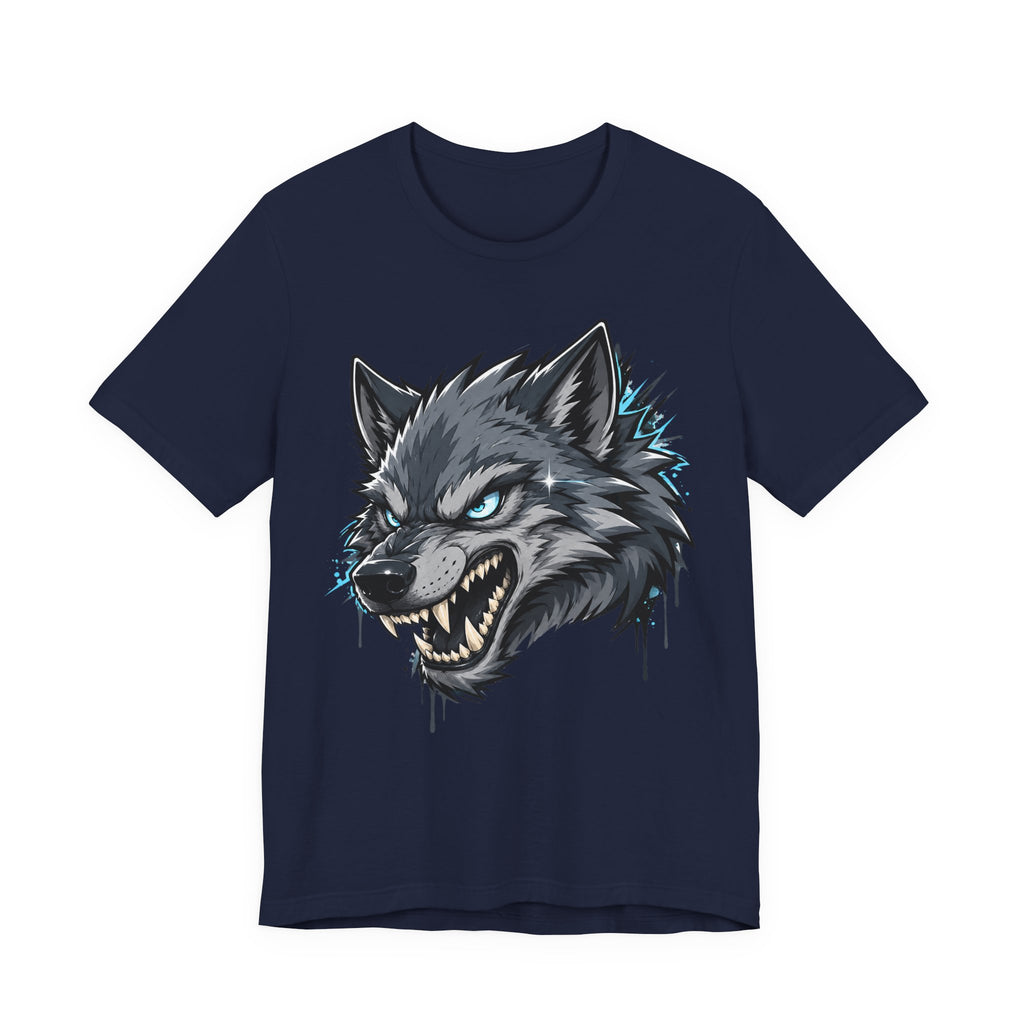 Navy T-shirt with snarling wolf head graphic, blue-green highlights and ink drips.