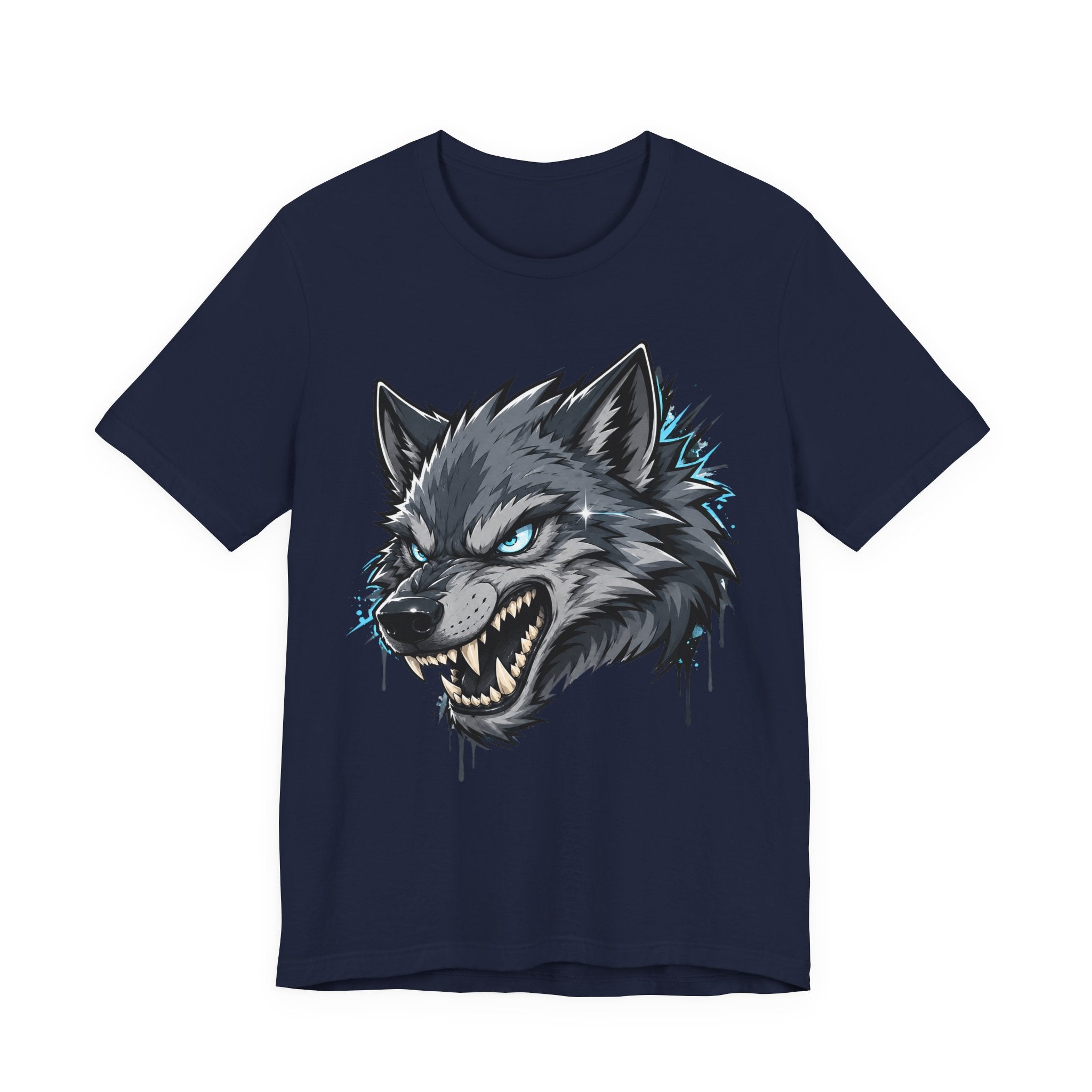 Navy T-shirt with snarling wolf head graphic, blue-green highlights and ink drips.