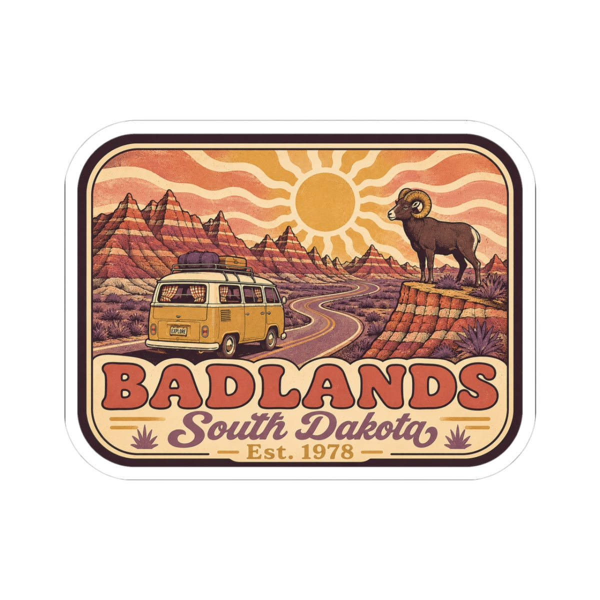 Kiss-cut sticker with vintage camper van, desert cliffs, bighorn sheep, and Badlands text