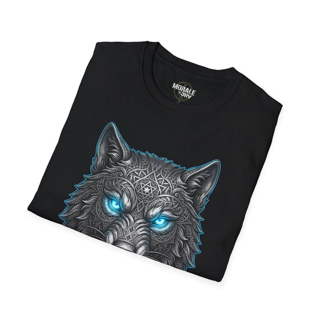 Black wolf head T-shirt with glowing blue eyes and ornate tribal pattern