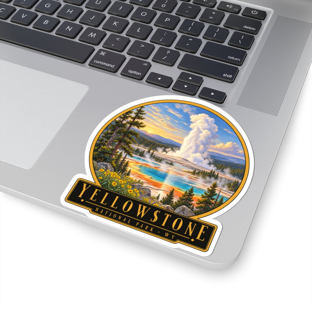 Yellowstone geyser landscape vinyl sticker, full oval photo with bottom black banner