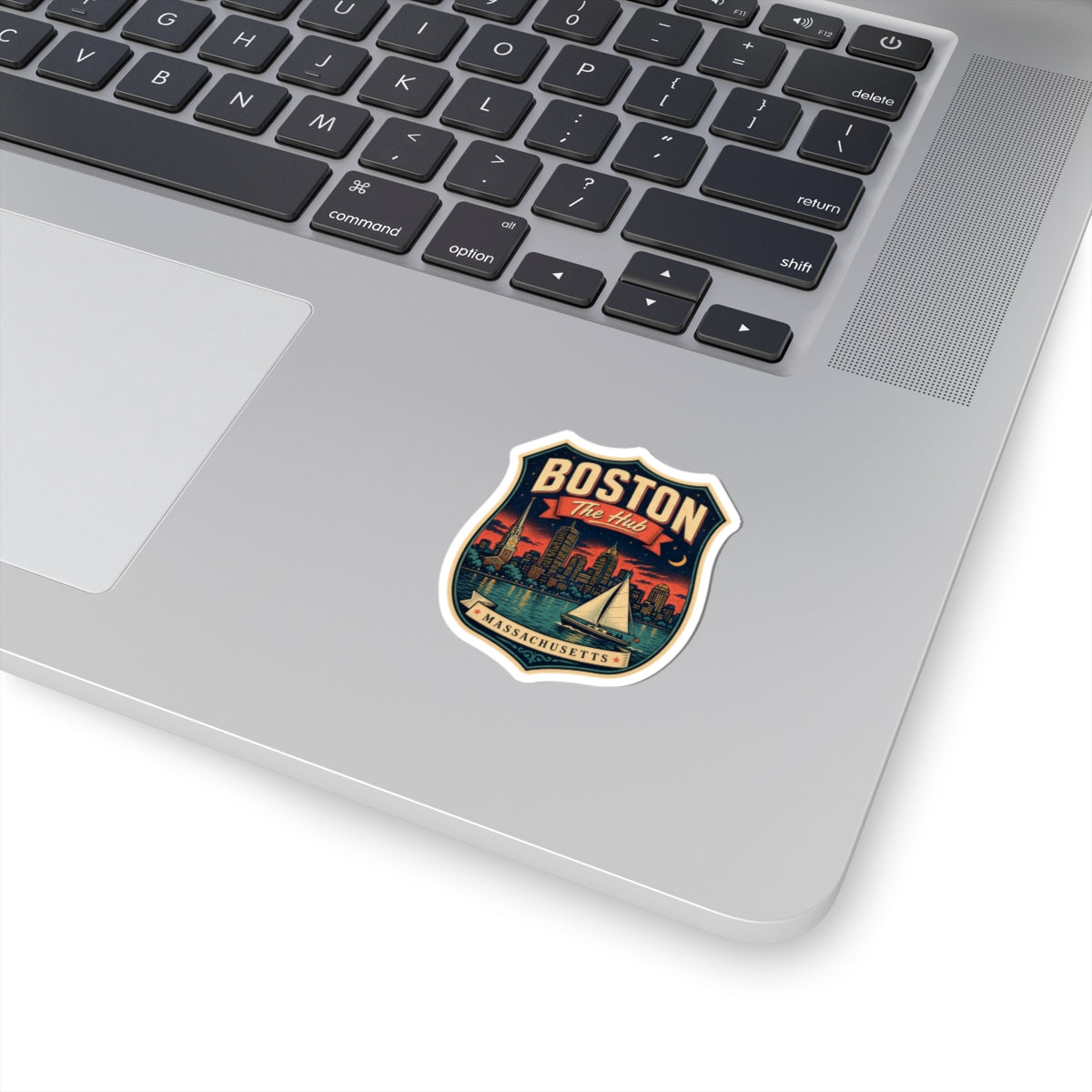 Boston crest luggage tag sticker, multicolor vintage design with white border