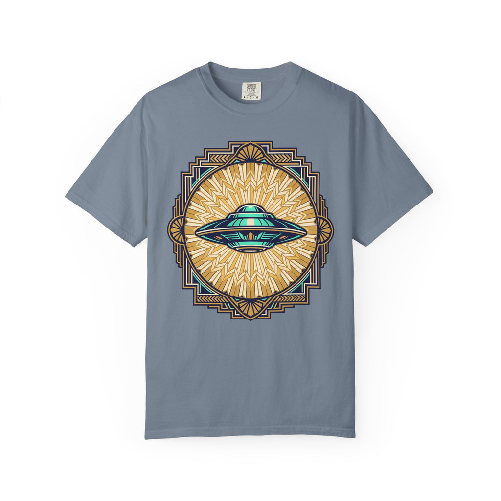 Steel blue T-shirt with central UFO graphic in blue and gold sunburst design