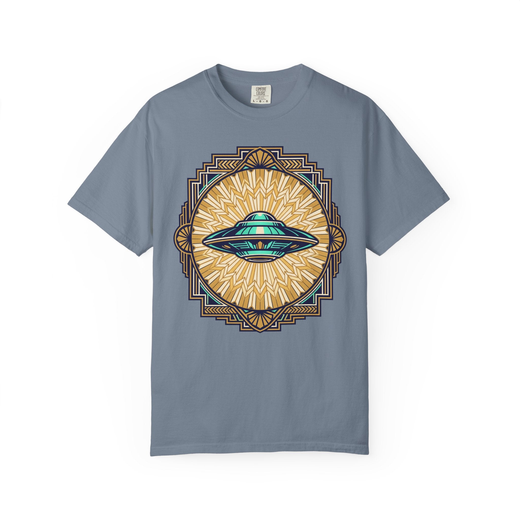 Steel blue T-shirt with central UFO graphic in blue and gold sunburst design