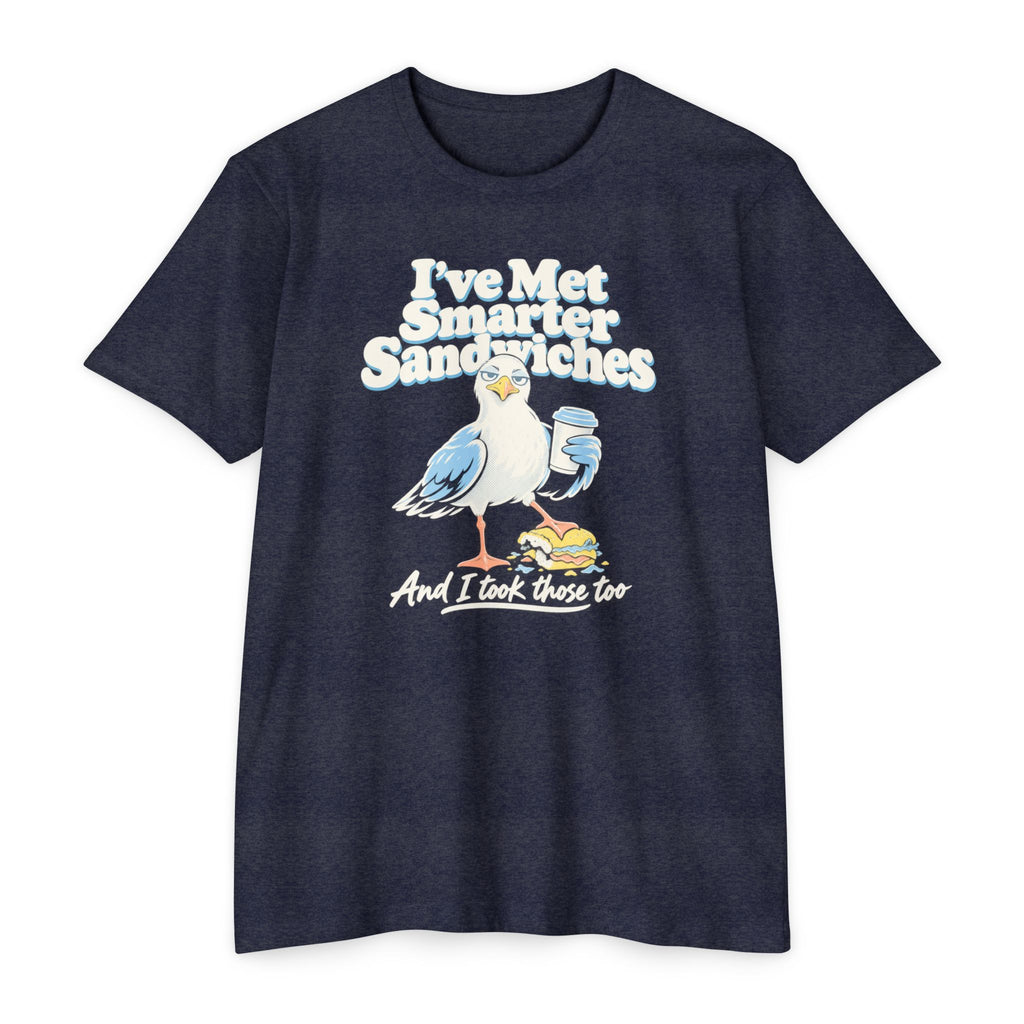 Dark navy crewneck T-shirt with seagull graphic and text “I’ve Met Smarter Sandwiches”