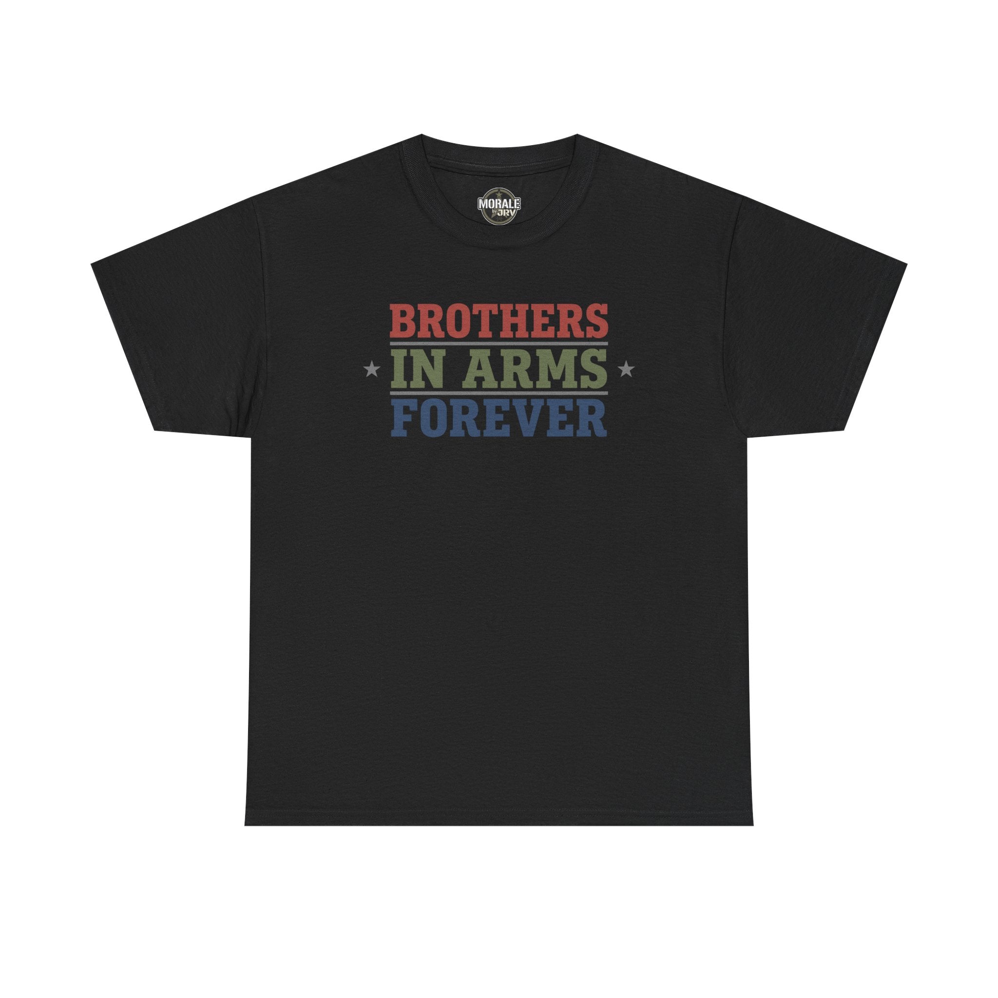 Black crewneck tee with "BROTHERS IN ARMS FOREVER" graphic on chest