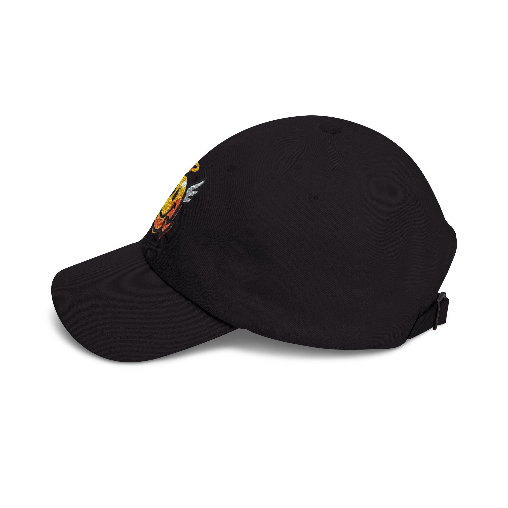 Black dad cap side view with winged smiley embroidery near the front