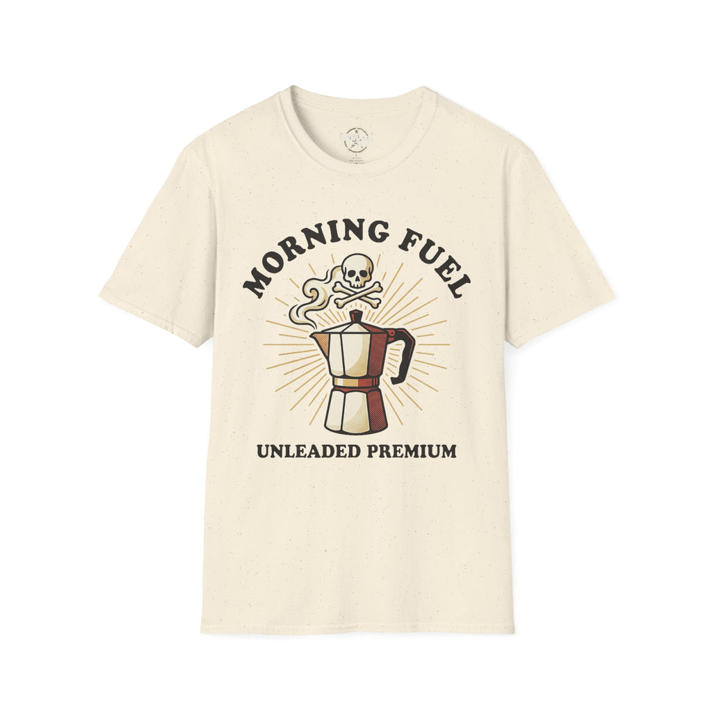 Morning Fuel T-shirt—natural/cream with skull moka pot graphic and “UNLEADED PREMIUM”