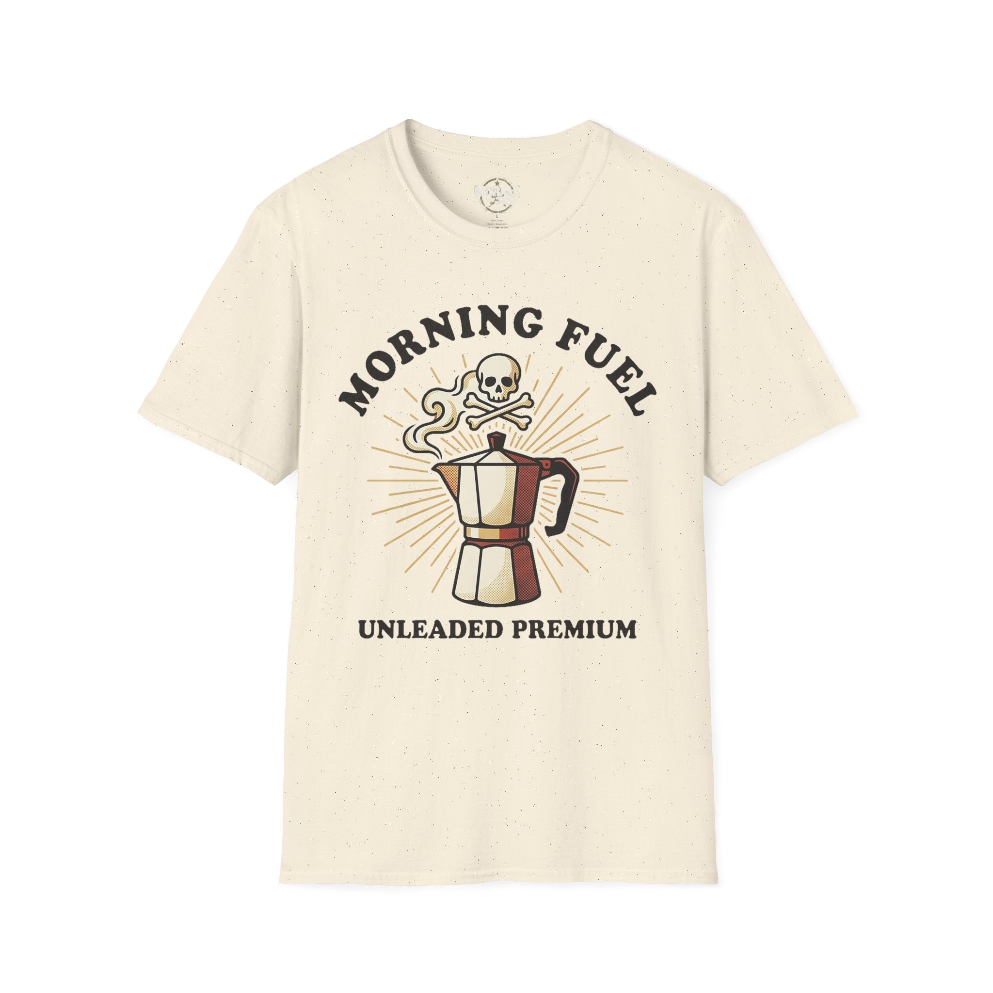 Natural unisex tee: “Morning Fuel” skull moka pot graphic, “Unleaded Premium”