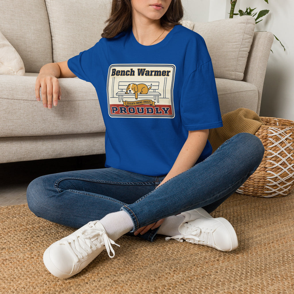 Blue crew-neck T-shirt with Bench Warmer dog graphic, worn by a model