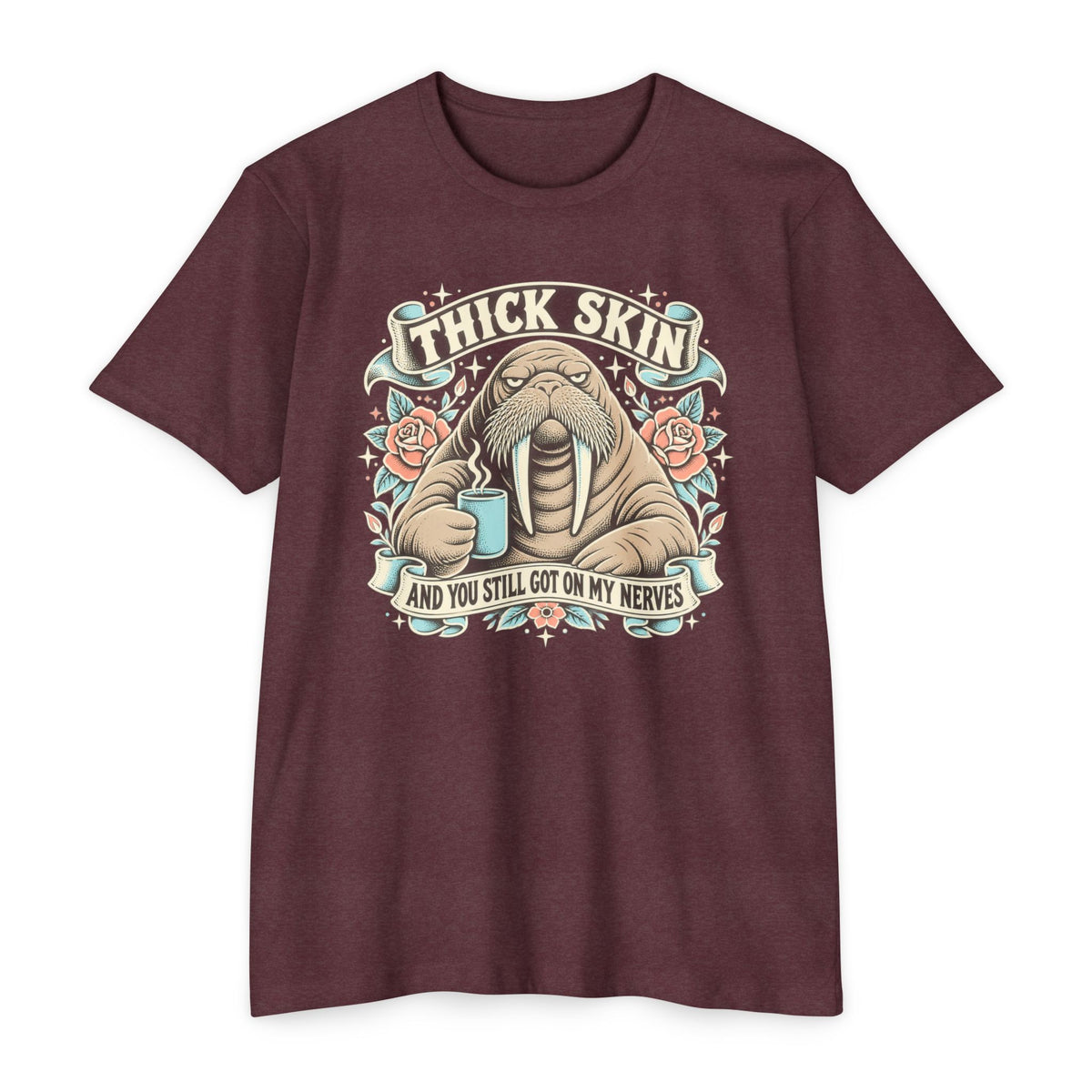 Maroon crewneck T-shirt with walrus coffee graphic front print