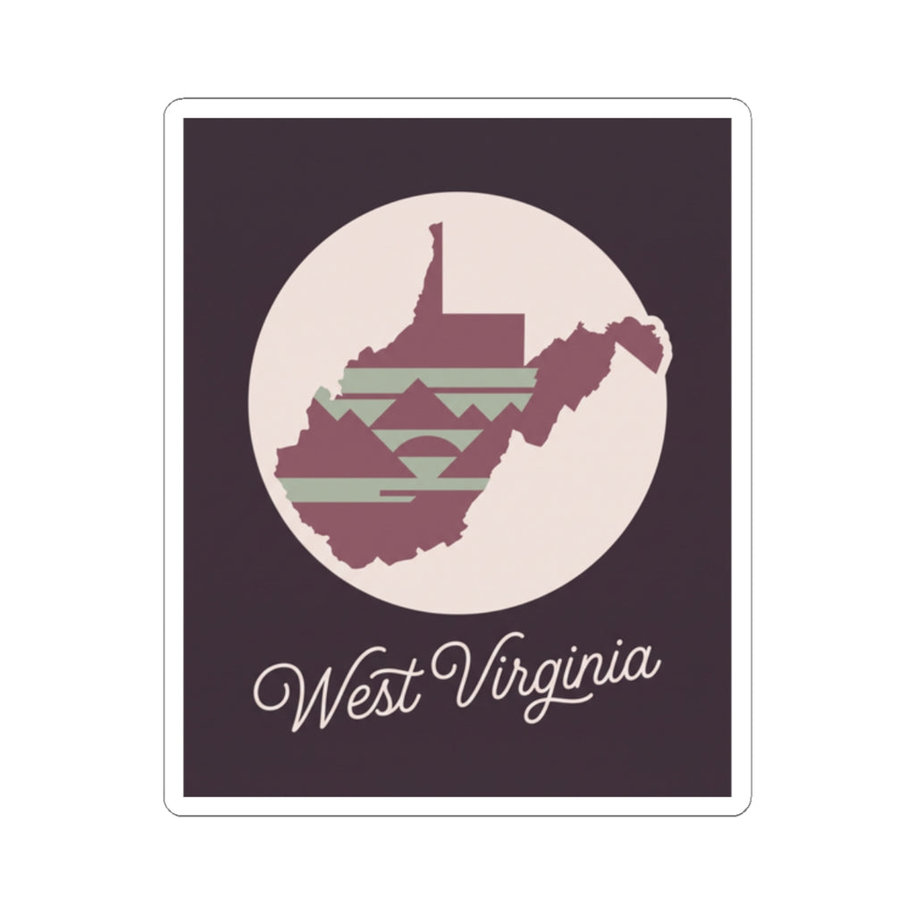 Purple border square sticker featuring circular West Virginia map and “West Virginia” name.