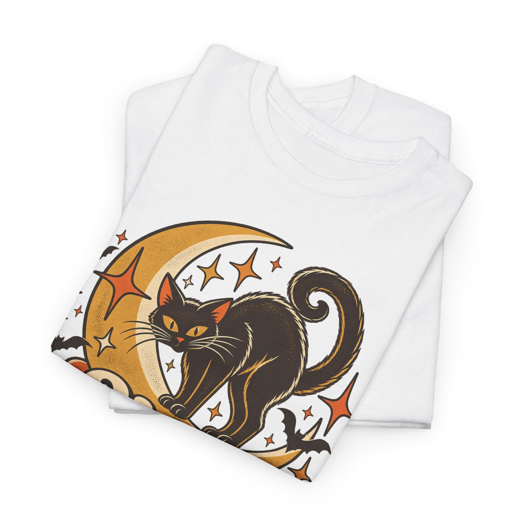 Hex Appeal Black Cat T-Shirt, Retro Crescent Moon Witchy Halloween Shirt for Women and Men, Funny Spooky Cat Lover Tee