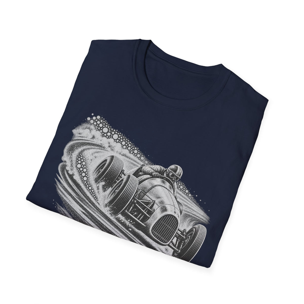Navy T-shirt with vintage silver open-wheel race car graphic across chest