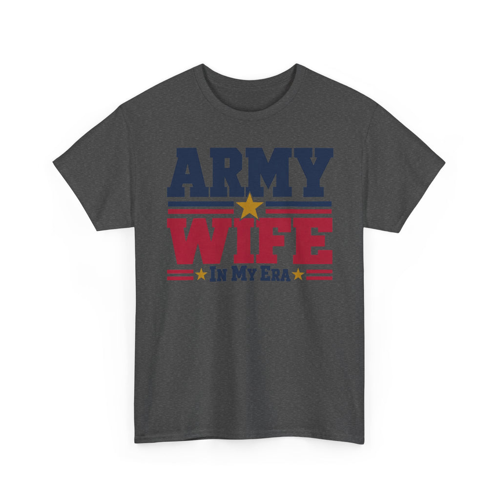 Dark gray crewneck graphic t-shirt with retro "Army Wife" patriotic text and star