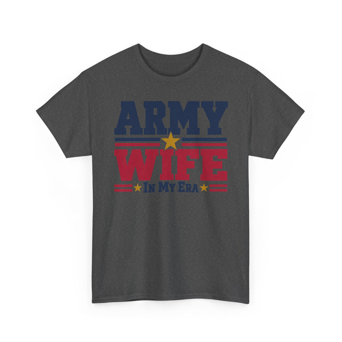 Dark gray crewneck graphic t-shirt with retro "Army Wife" patriotic text and star