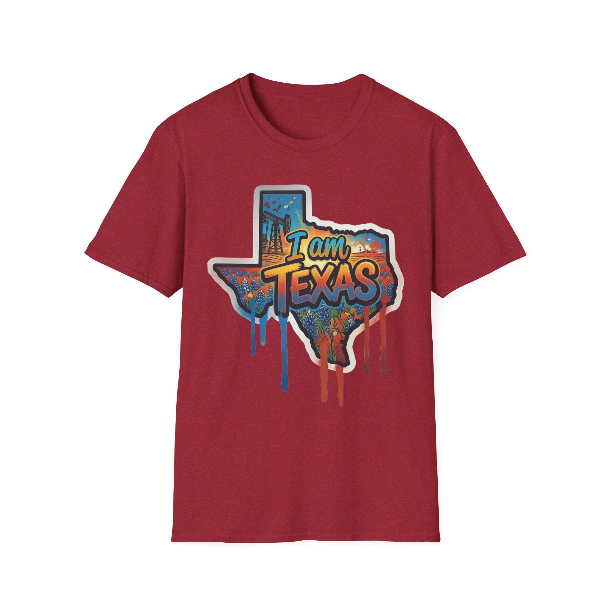 Burgundy T-shirt with colorful I am Texas state outline graffiti graphic