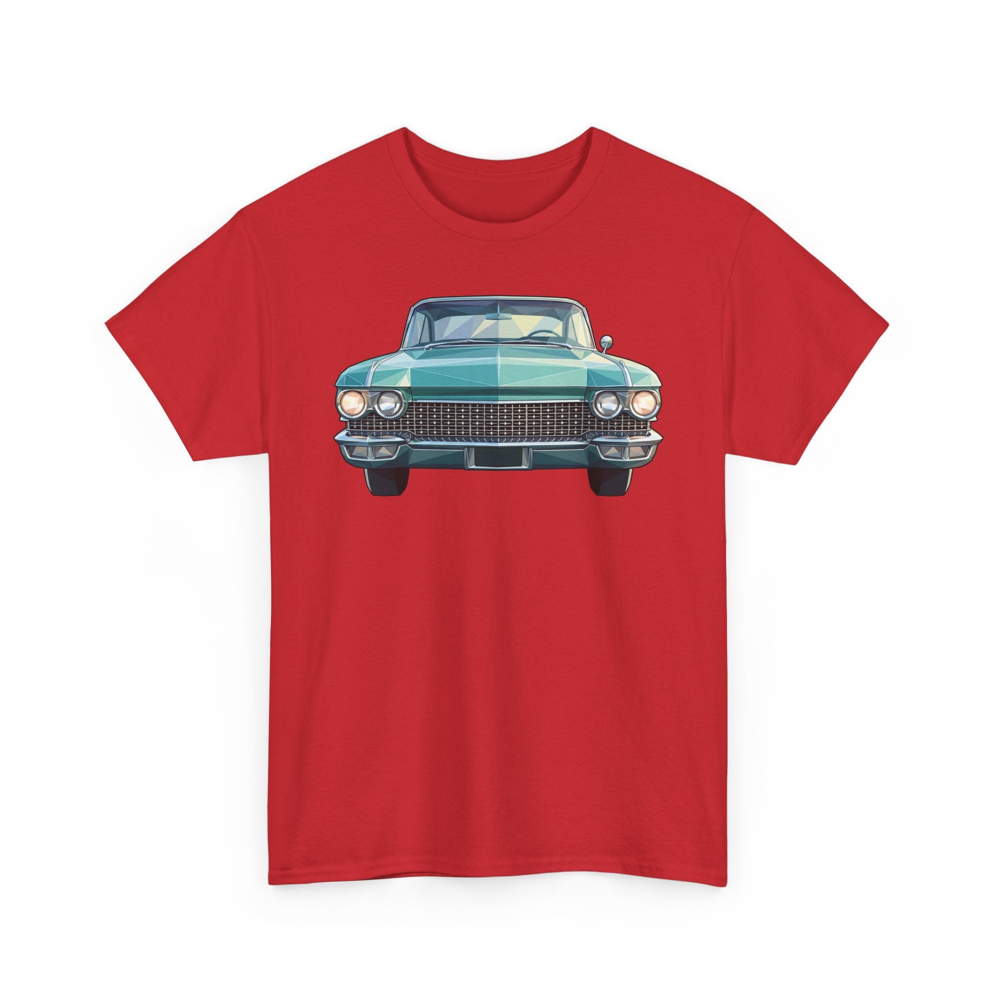Red crew neck T-shirt featuring teal vintage car graphic, chest-center
